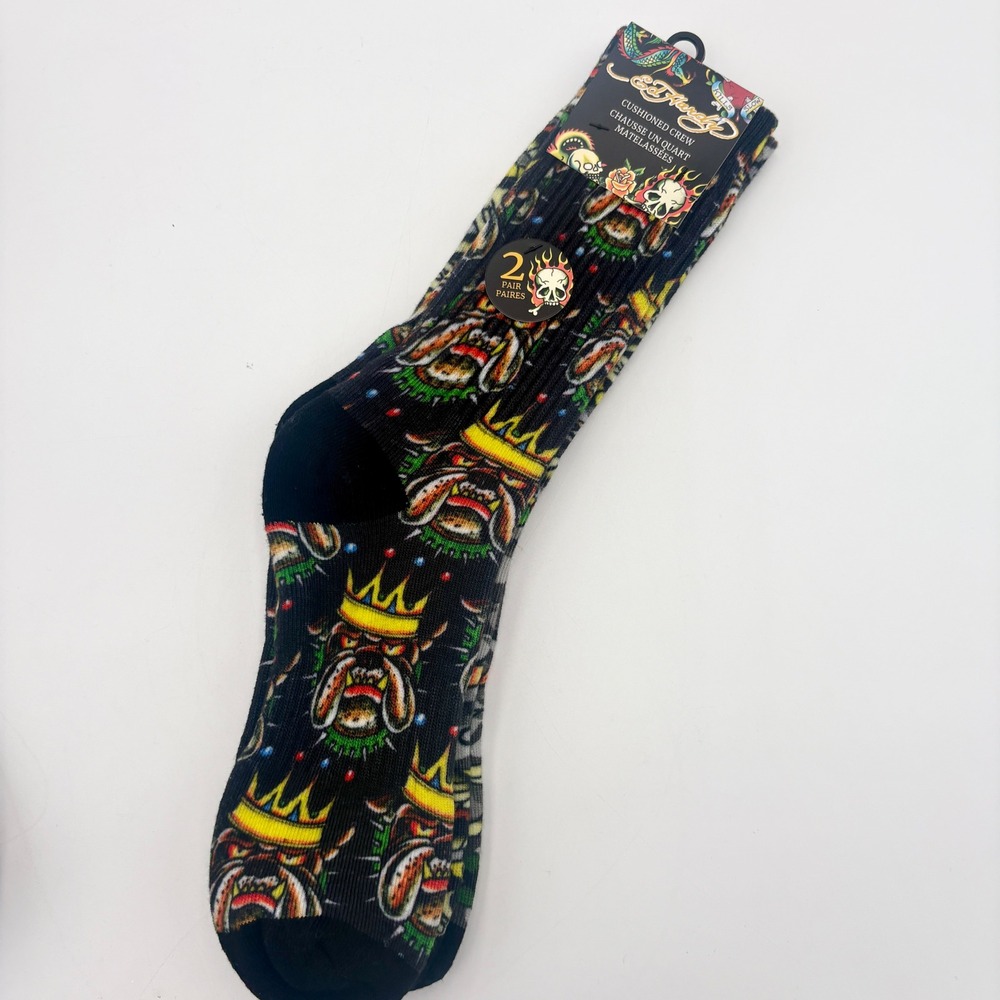 Ed Hardy Mens Crew Socks 2 Pair Pack Cushioned Black Tattoo Skull Crown‎ Graphic